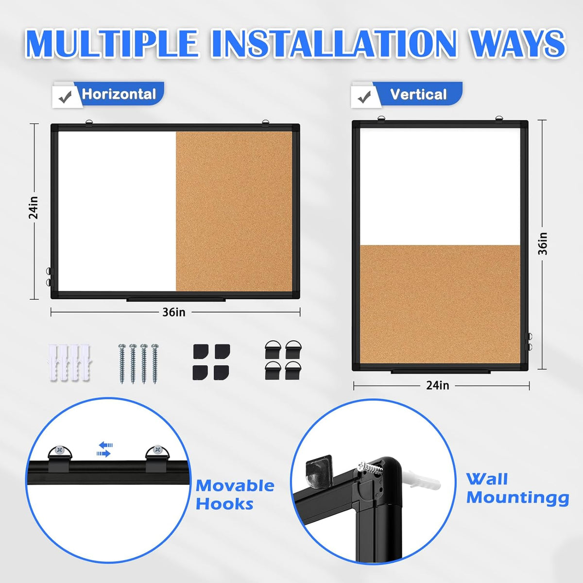 [24" x 36"] WALGLASS Dry Erase and Bulletin Boards Combo, Magnetic White Board Cork Board for Wall, Whiteboard & Corkboard Combination with Aluminum Frame, for Home, Classroom, Office
