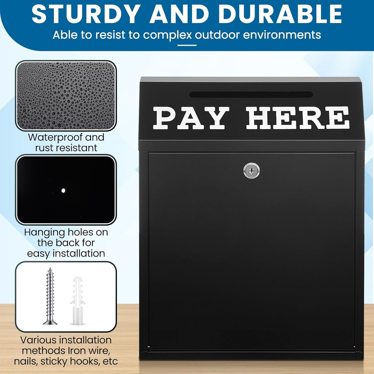 15 x 12 x 4 Inch Safe Cash Box Money Collection Metal Donation Box with Lock Wall Mount Pre Drilled Mailbox Delivery Ballot for Home Office Outdoor Self Serve Stand(Black)