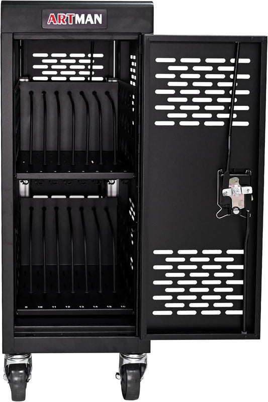 16-Device Mobile Charging Cart with Charging Power Strip and Front and Rear Access Locks, Cable Management, Up to 14", Safe Charging Cabinet for Chromebooks, Tablets, Laptops Black