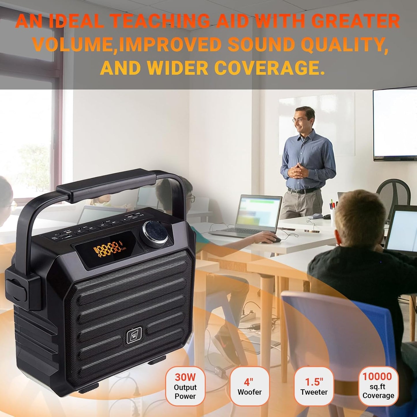 Voice Amplifier for Teachers - Wireless Microphone Headset & Speaker 30W Bluetooth 5.0 Portable Pa System with Echo,FM,Megaphone Speaker Supports USB/TF Card/Aux for Classroom,Speaking,Singing