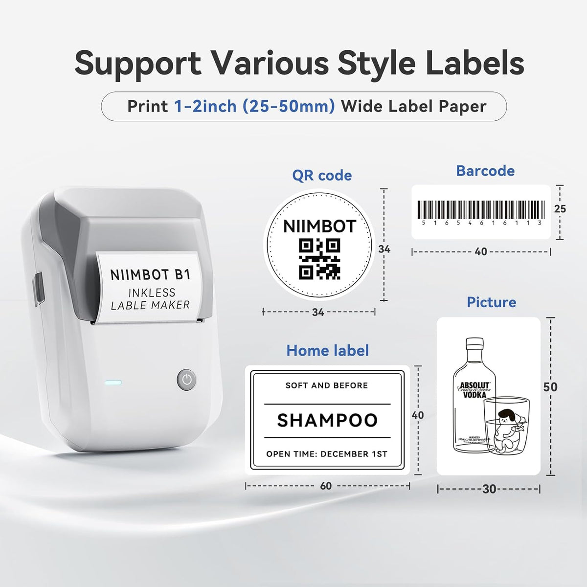 NIIMBOT B1 Label Maker Machine with Tape, Thermal Label Printer Easy to Use for Office, Home, Business, 2 Inch Label Maker with 2'' x1.18'' Labels