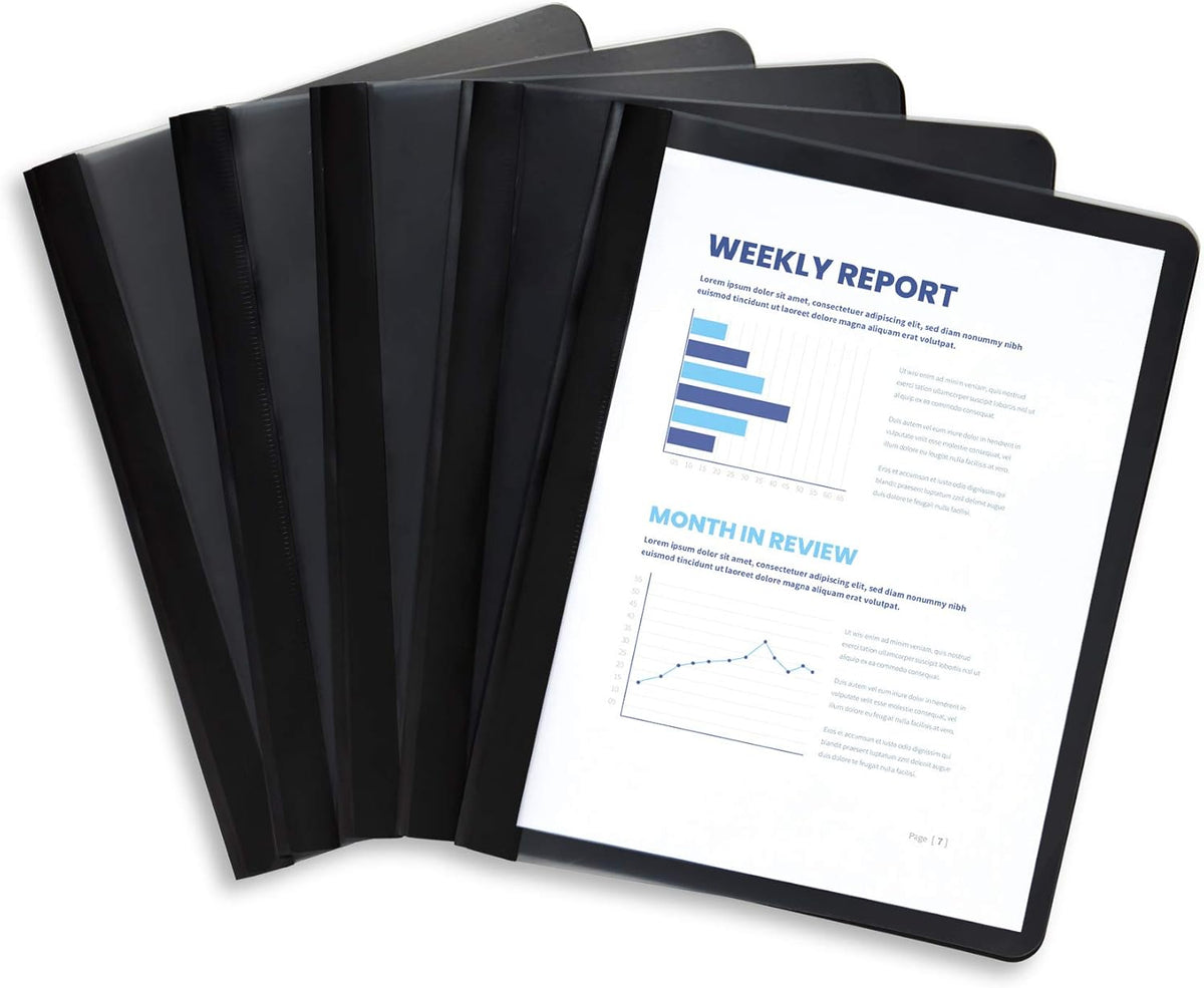Blue Summit Supplies 25 Black Plastic Report Covers with Prongs, Black 3 Prong Clear Front Report Cover for Presentation, Document, and School Use, 0.42mm PP Plastic, Bulk 25 Pack
