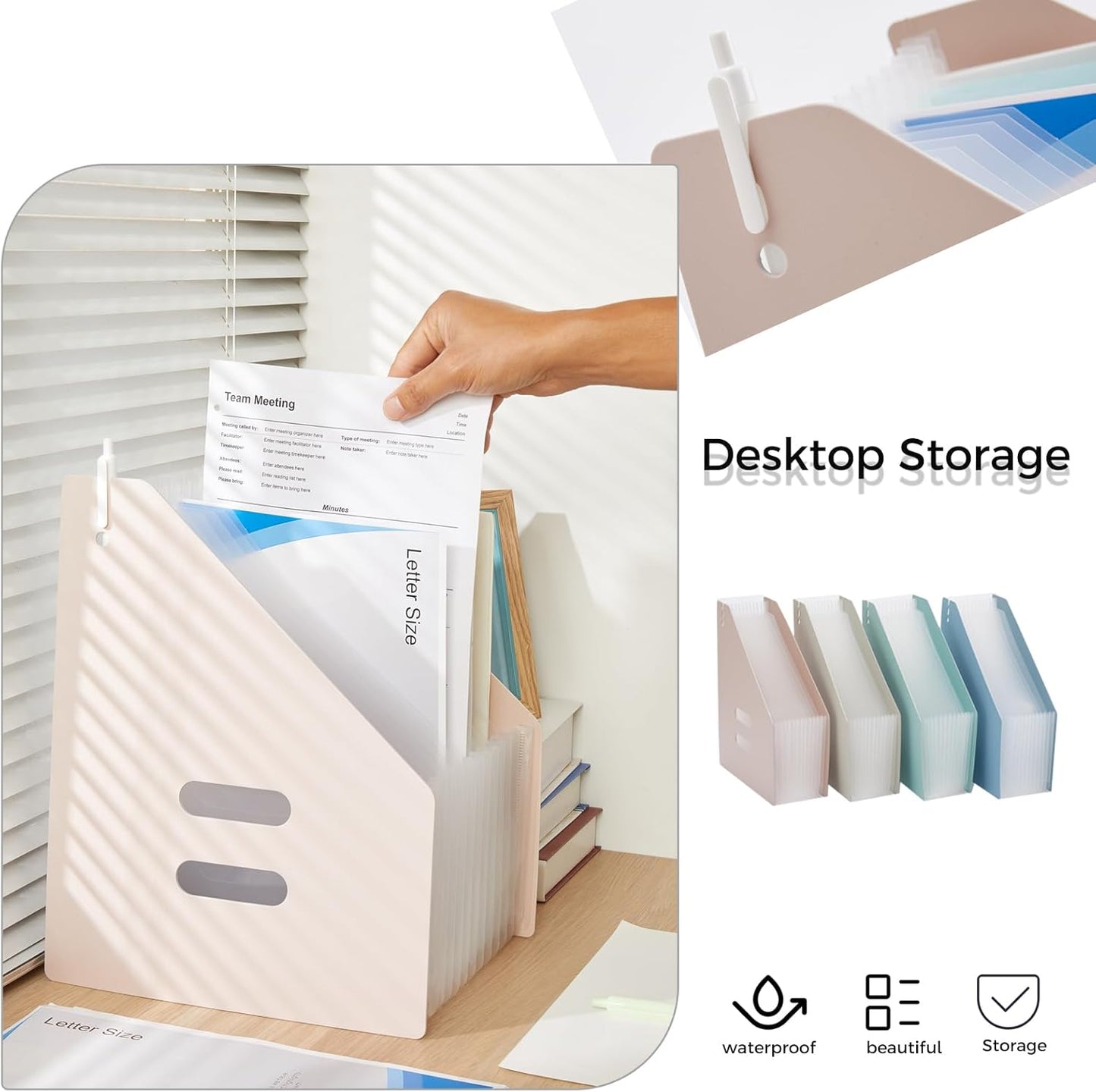 2-Piece Vertical Accordion Folder Manager, 13 Grid Expansion Pages, Vertically Opened Storage Bag for organizing Materials, School, Home, and Office letterhead, Pink