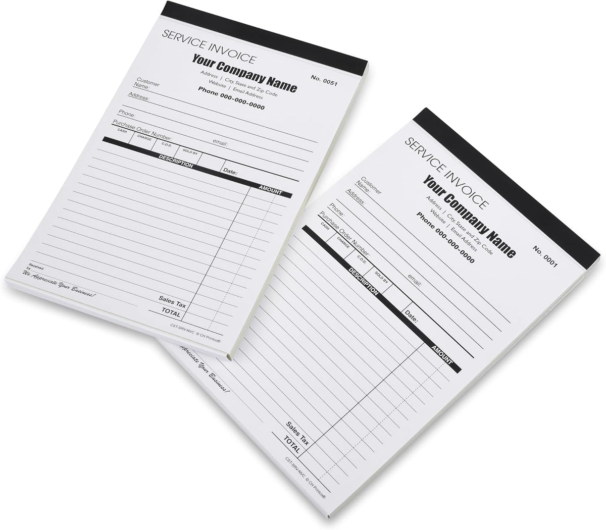Custom Service Invoice Carbonless Form with Your Company Name - 2 Books (100 Sets) Numbered