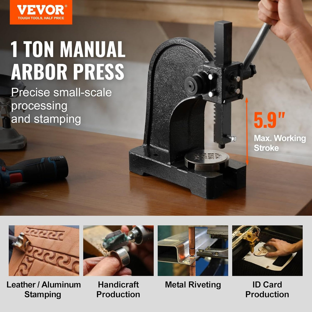 VEVOR Arbor Press, 1 Ton Manual Arbor Press, 5.9" Maximum Height, Cast Iron Heavy-duty Manual Desktop Arbor Press, Precision Hand Press for Stamping, Bending, Stretching, Forming