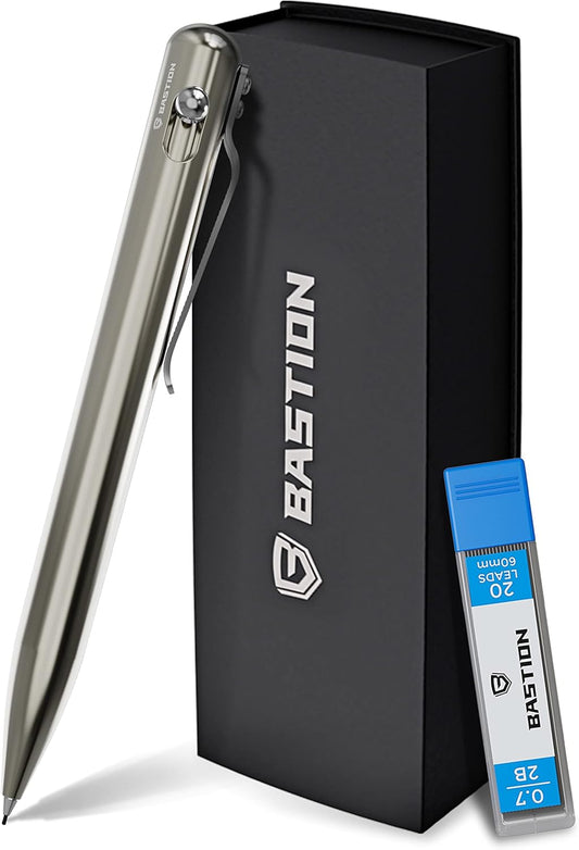 BASTION® Luxury Mechanical Pencil, Durable Professional Medium Point Pencil for Birthday Gift includes 20 x 0.77mm Lead Refills - Titanium