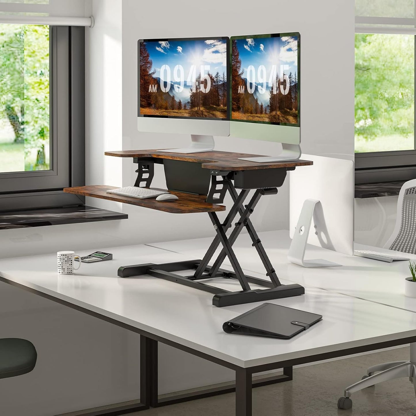 FLEXISPOT Electric Standing Desk Converter, 36'' Height Adjustable Motorized Desk Riser for Computer Monitors & Laptop Workstation, Rustic Color