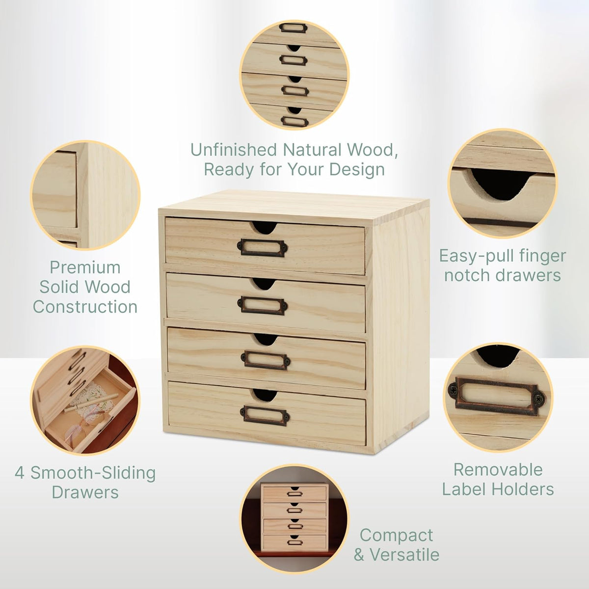 DIY Wooden Desk Organizer with Drawers – Unfinished 4-Drawer Desktop Storage Box – Personalizable Wood Desk Organizer for Crafts, Office, or Home – Compact Wooden Storage Drawers Ready to Decorate