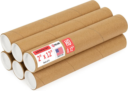 2" x 12" Heavy-Duty Reinforced Cardboard Mailing Tube, Pack of 6 Tubes with 12 Caps – Secure USPS Approved – Great for Shipping and Storing of Prints, Artwork, Posters or Documents