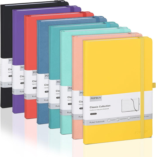 POPRUN A5 Lined Journal Notebooks, 8 Pack PU Leather Hardcover Notebook for Writing, Business Work,Travel,School,College, 5.5 x 8.3 inch, 240 Pages Classic College Ruled Journals Notepad, Multicolored
