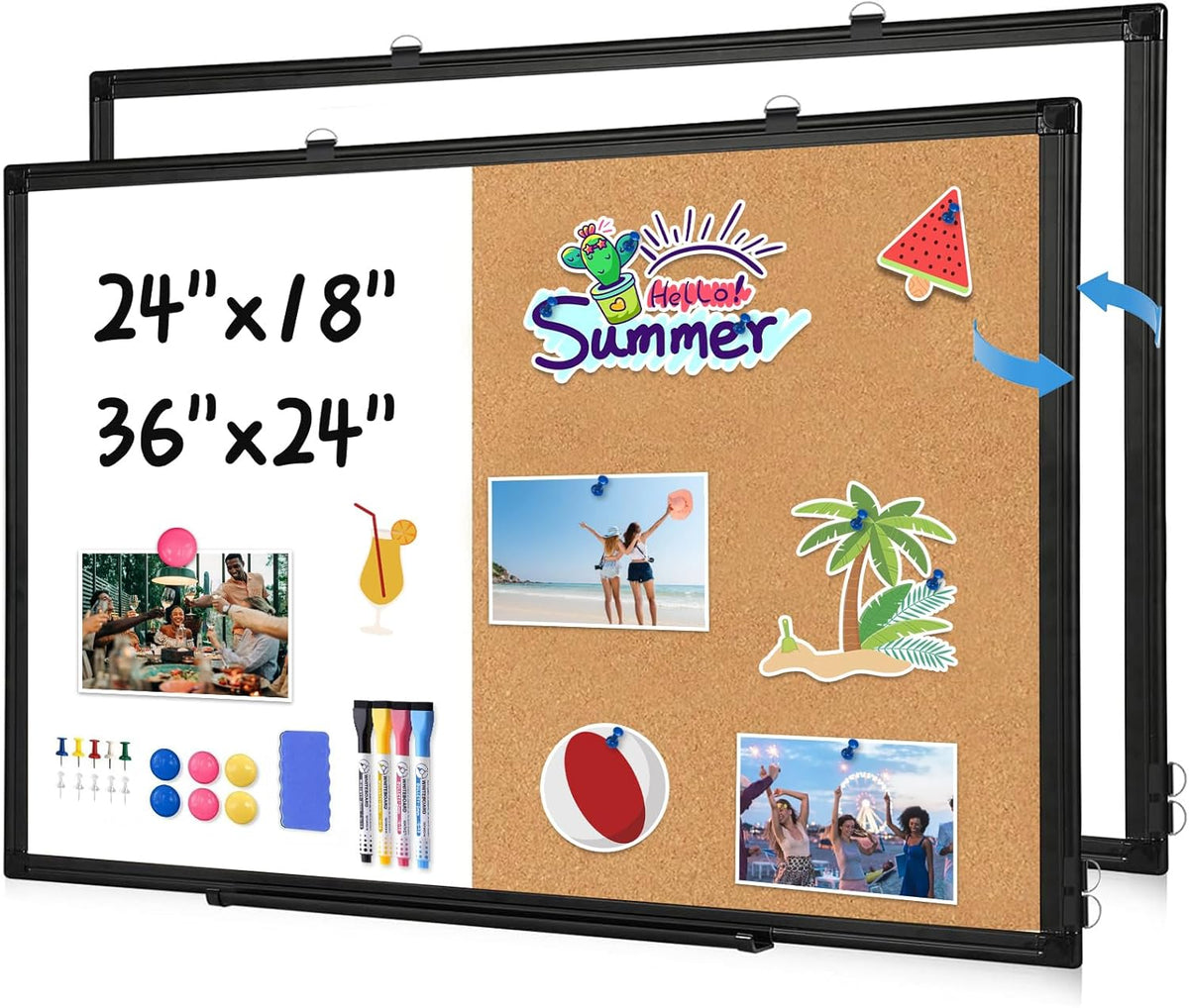 [24" x 36"] WALGLASS Dry Erase and Bulletin Boards Combo, Magnetic White Board Cork Board for Wall, Whiteboard & Corkboard Combination with Aluminum Frame, for Home, Classroom, Office