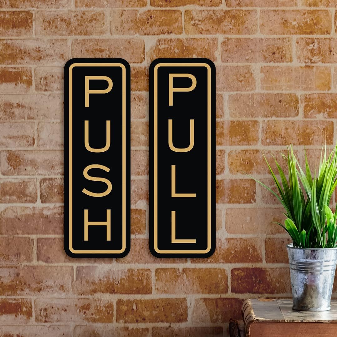 All Quality Classic Vertical Push Pull Door Signs - Great for Glass Doors | Professional Looking Signs | Easy Installation Includes Double-Sided Foam Adhesive Tape (Ivory/Brown) - Small (5 Pack)