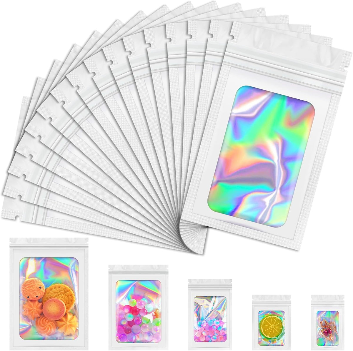 Mylar Bags, 100 PCS Holographic Bag, White Smell Proof Bags with Front Window, Small Business Packaging Supplies, Resealable Bag for Food Storage, Bracelets, Jewelry, Sample （2.8x3.9in）