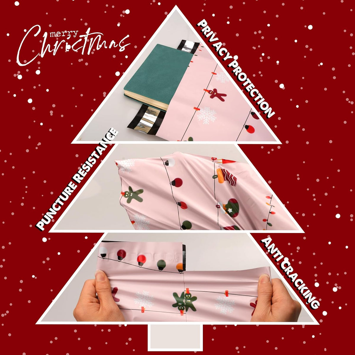 Christmas Poly Mailer 10x13 Inch 100 Pcs, Waterproof Shipping Bags with Self-Seal - Tear-Resistant, Christmas Lights Printed