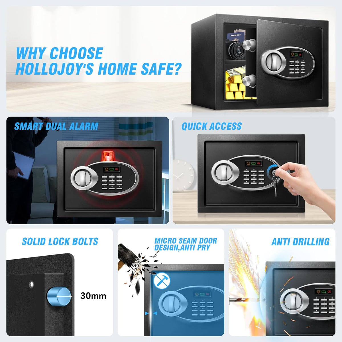 1.8 Cu Ft Safe Box with Fireproof Waterproof for Documents - Steel Security Personal Safe with Digital Electronic Keypad, Emergency Battery Box & Combination Lock, Safety Box for Valuables Money Cash
