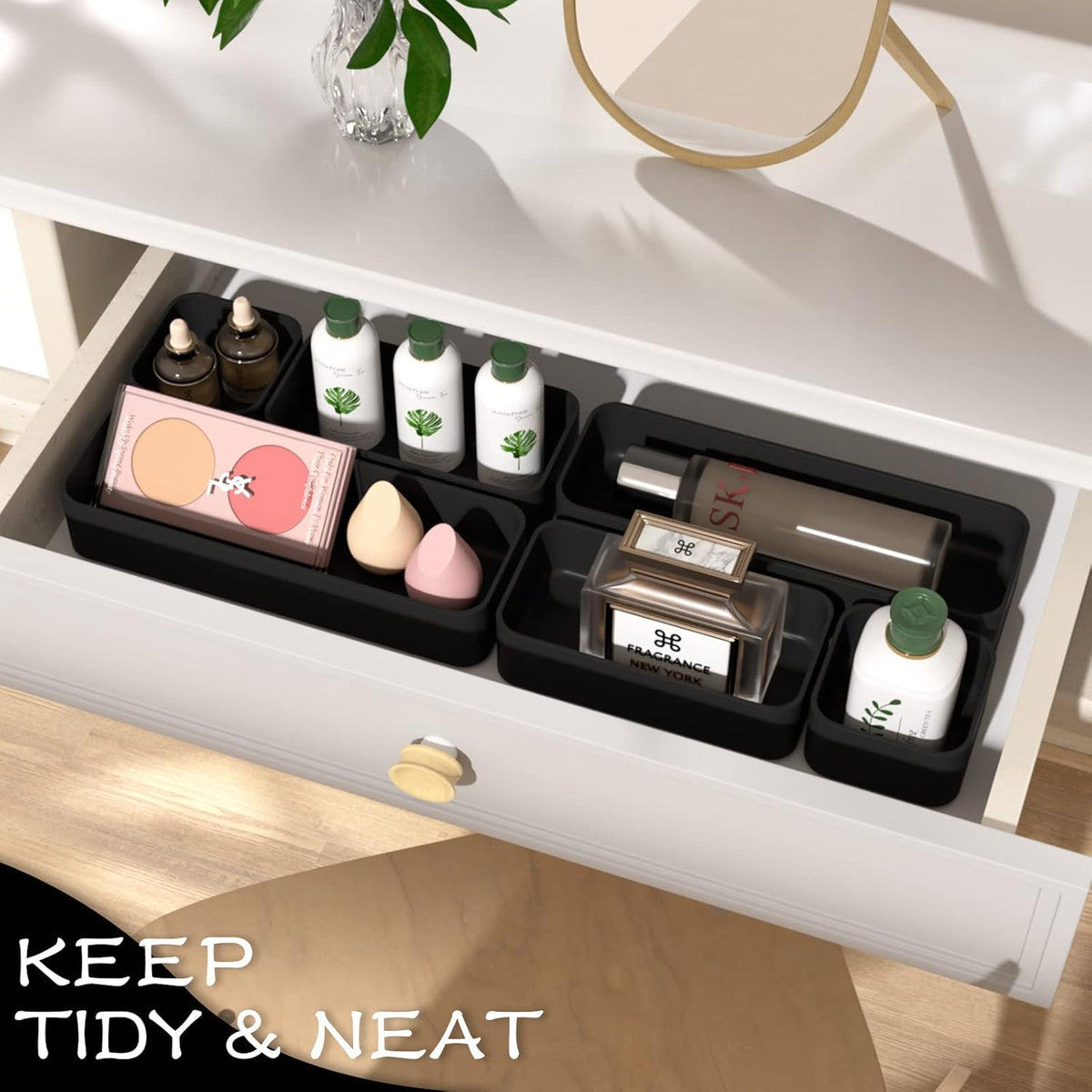 CHANCETSUI 6 PCS Stackable Drawer Organizers Set, Versatile Desk and Vanity Drawer Organizer Trays, Storage Bins for Makeup, Bathroom, Bedroom, Kitchen and Office, Black