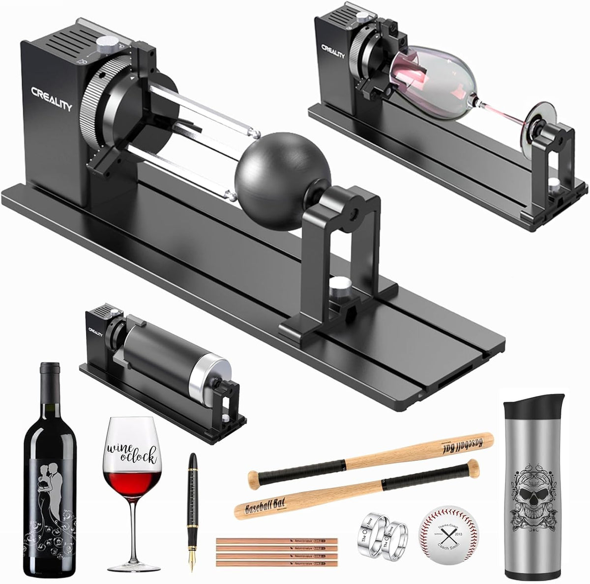 Creality Rotary Kit Pro, Laser Rotary Roller 3 in 1 Multi-Function Engraving Accessories for Laser Engraver, Jaw Chuck Rotary for Engraving Wine Glass, Baseball Bat, Ring and Most Cylindrical Objects