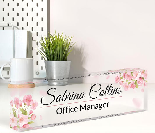 Name Plate for Desk, Desk Name Plate Personalized, Pink Office Decor for Women Men, Acrylic Desktop Accessories, Office Gifts for Boss Nurse Teacher Coworker, Employee Appreciation Gift (Flowers A)