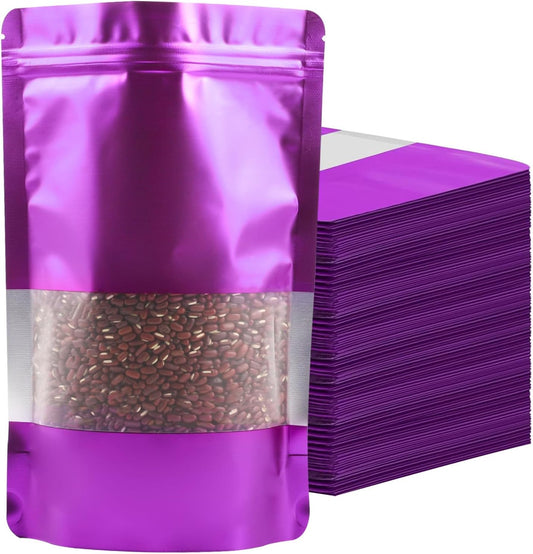 100 Pack Smell Proof Bags, Resealable Purple Mylar Bags with Matte Window, Foil Pouch Stand Up Sealable Bags for Packaging, 5.9 × 8.66 Inch