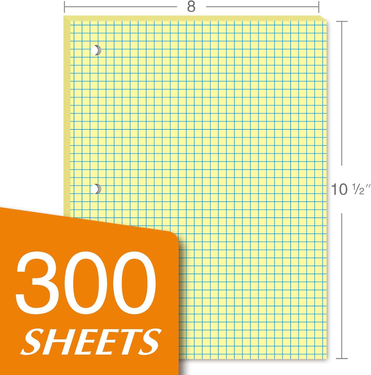 KAISA Loose Leaf Notebook Paper, 4x4 Quad Graph Ruled, 300 Sheets Per Lined Paper, 8" x 10.5", 3 Hole Punched for 3 Ring Binder, Canary, Made In USA