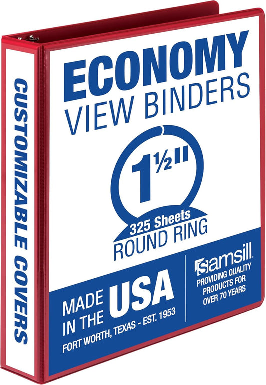 Samsill 1 Inch 3 Ring Binder, Made in USA, Economy Round Ring, Clear View Cover, 200 Sheet Capacity - for School, Home, Office - Ruby Red