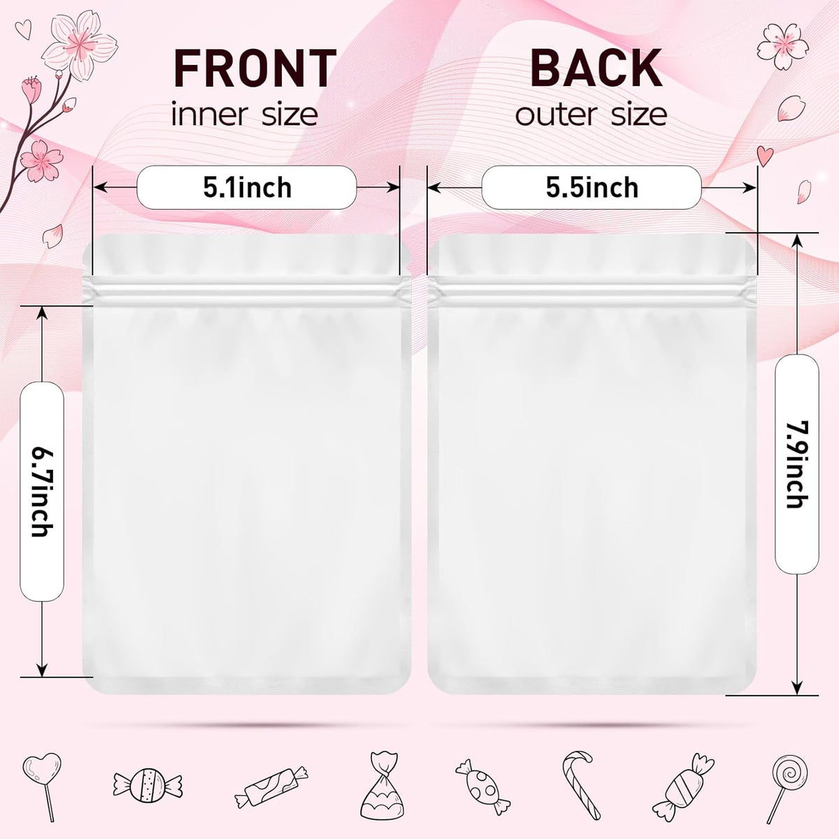 Funfery 100 Pack White Mylar Packaging Bags Resealable Bags Double Sided Color Odor Proof Pouch Baggies Smell Proof Foil Bag for Food Storage,Small Business(White,5.5x7.9inch)