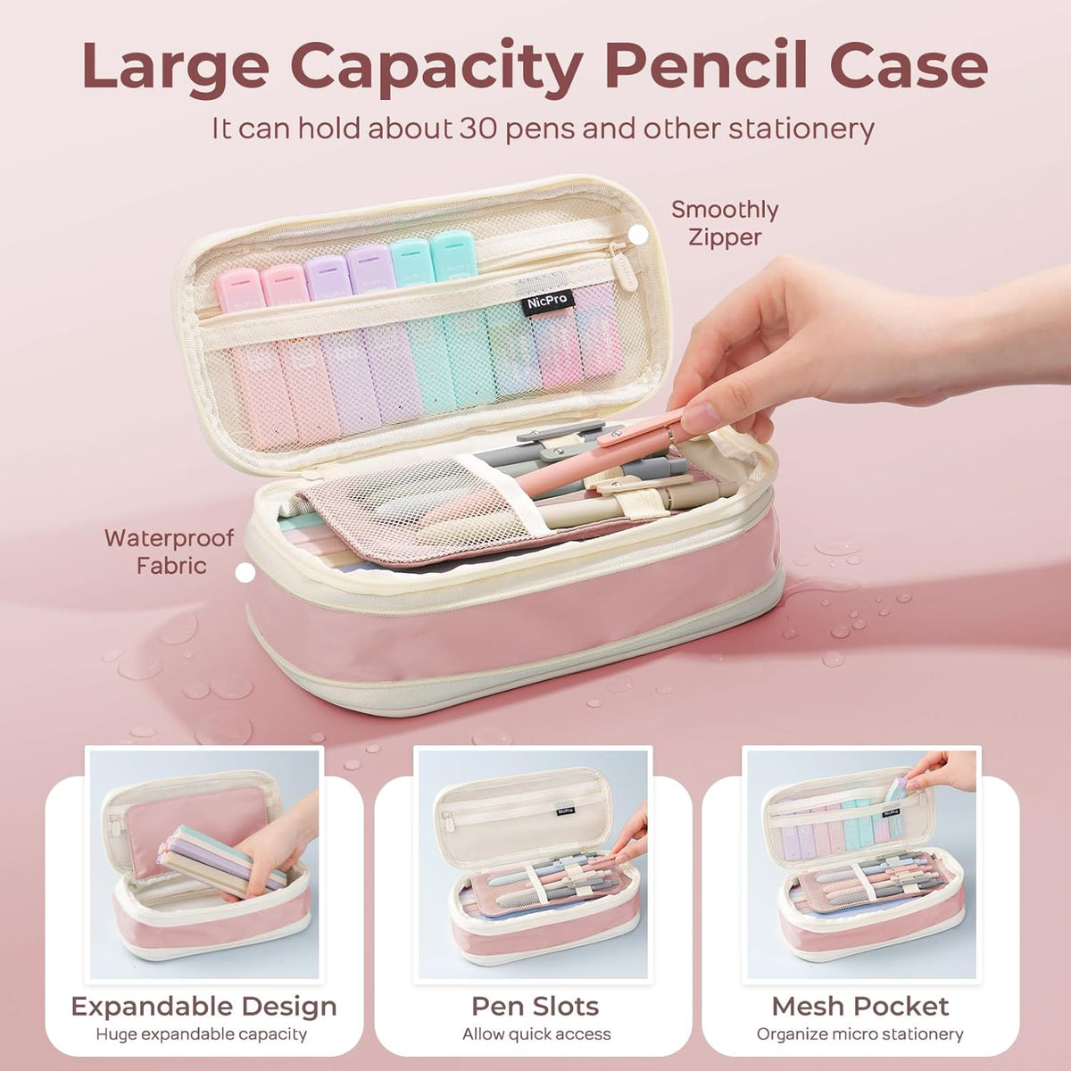 Nicpro 39 PCS Aesthetic School Supplies with Cute Pink Pencil Case, 12 Pastel Highlighters, 5 Quick Dry Black Ink Pens, 6 Mechanical Pencil 0.5 & 0.7 mm for Girls Student Stationary College Essentials