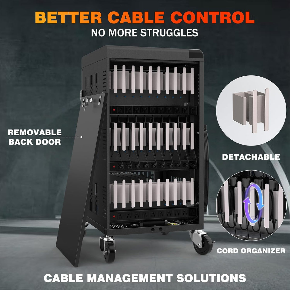 Fully Assembled 30 Bay Mobile Charging and Storage Cart for iPad, Chromebook and Laptop Computer with Keypad Lock,Up to 14-in Screen Size,Surge Protection,Front & Back Access Locking Cabinet