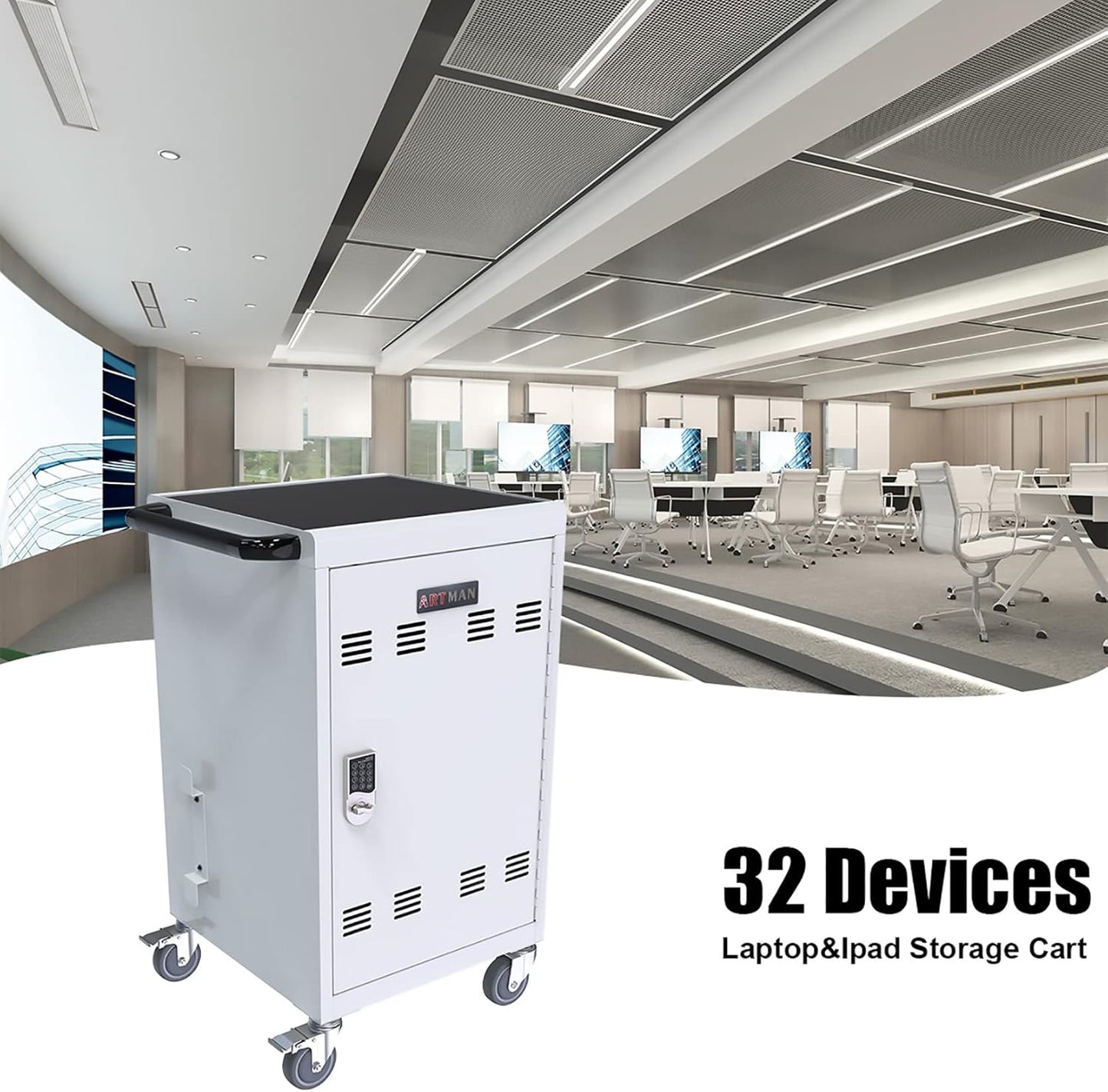 32 Device Charging Cart, Laptop and Tablet Storage Cart, Holds Up to 16.3" with Cord Management, Front and Rear Access Locking, Desktop Charging and Storage Cabinet for Classroom or Office.White