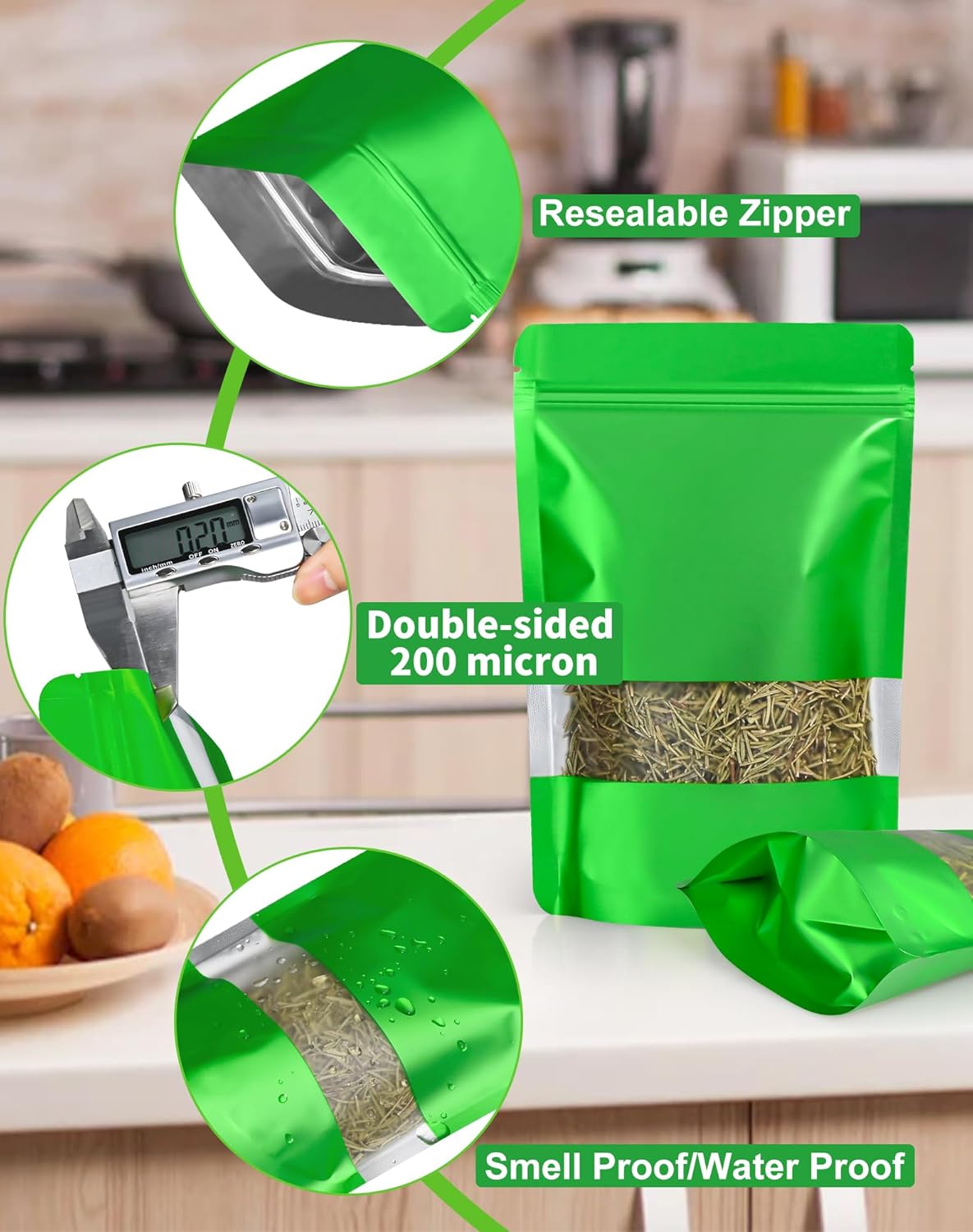 FireKylin 100 Pack Smell Proof Bags 7.1" x 10.2", Resealable Bags with Matte Window, Foil Pouch Stand Up Sealable Bags for Packaging（Green）