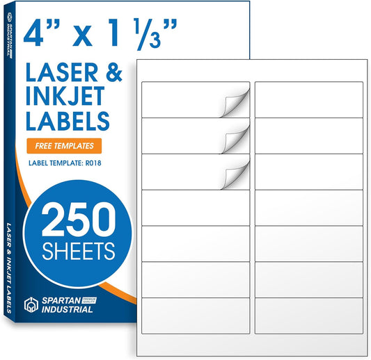 4" X 1 1/3" Matte White Printable Labels Compatible with Inkjet and Laser Printers - 250 Sheets, 3500 Total Paper Stickers for Addresses, Mailing, and Barcodes - Spartan Industrial