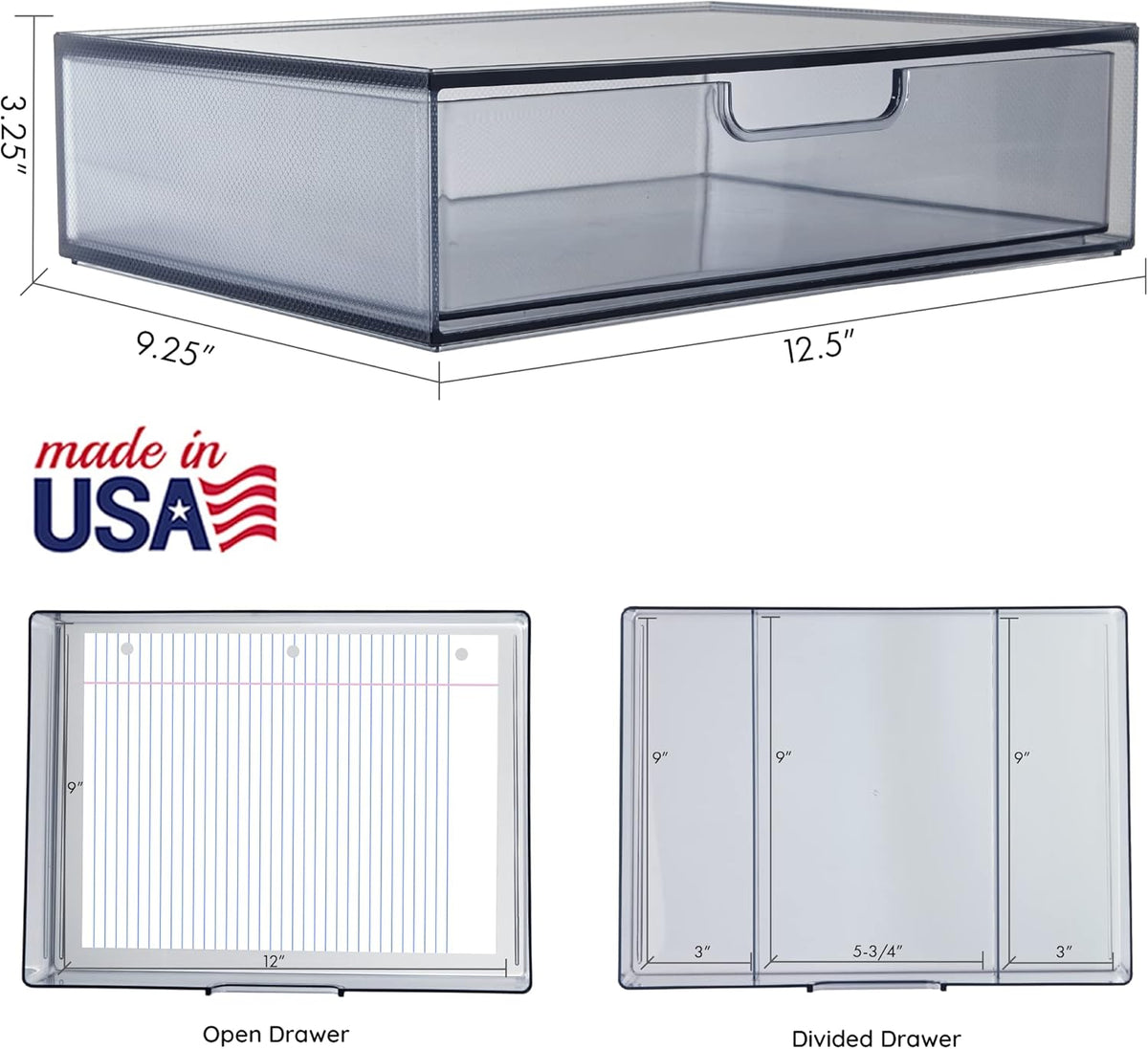 STORi STAX Plastic Stackable Organizer Drawers (Set of 2) Classic Grey | 12.5" Wide | Set Includes One Open Drawer & One Divided Drawer | Organize Office Desk Accessories & Sort Paper | Made in USA