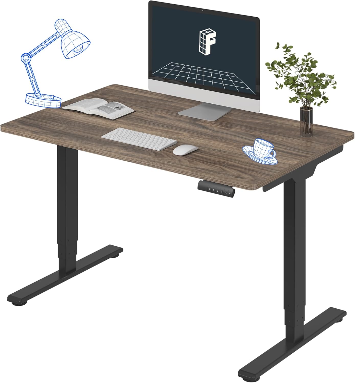 FLEXISPOT E6 Essential 3 Stages Dual Motor Electric Standing Desk 48x30 Inch Whole-Piece Board Height Adjustable Electric Sit Stand Desk(Black Frame + Brown Wood Grain Desktop, 2 Packages)