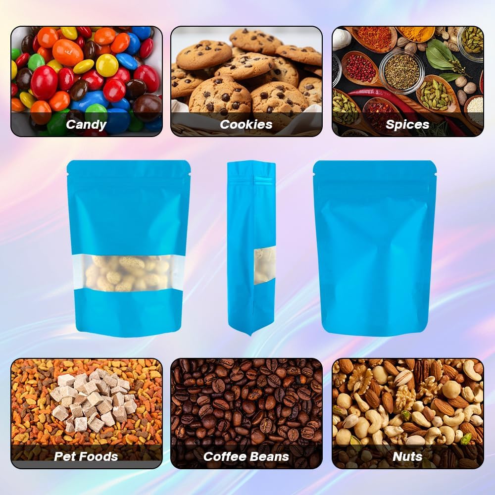 4CP 100 Pcs Blue Zipper Smell Proof Bags with Window, 5.5x7.9 Inch Stand Up Foil Pouches for Food Selfsealing Storage, Reusable Bag for Packaging Small Business, Cookies, Nunt, Candy