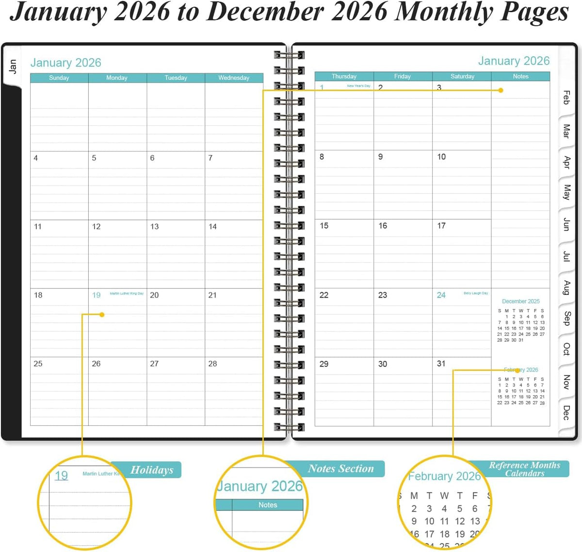 Planner 2026 - A5 Weekly & Monthly Planner Spiral Bound, January 2026 - December 2026, with Flexible Cover, Tabs, Inner Pocket, 6.4" x 8.5", Black
