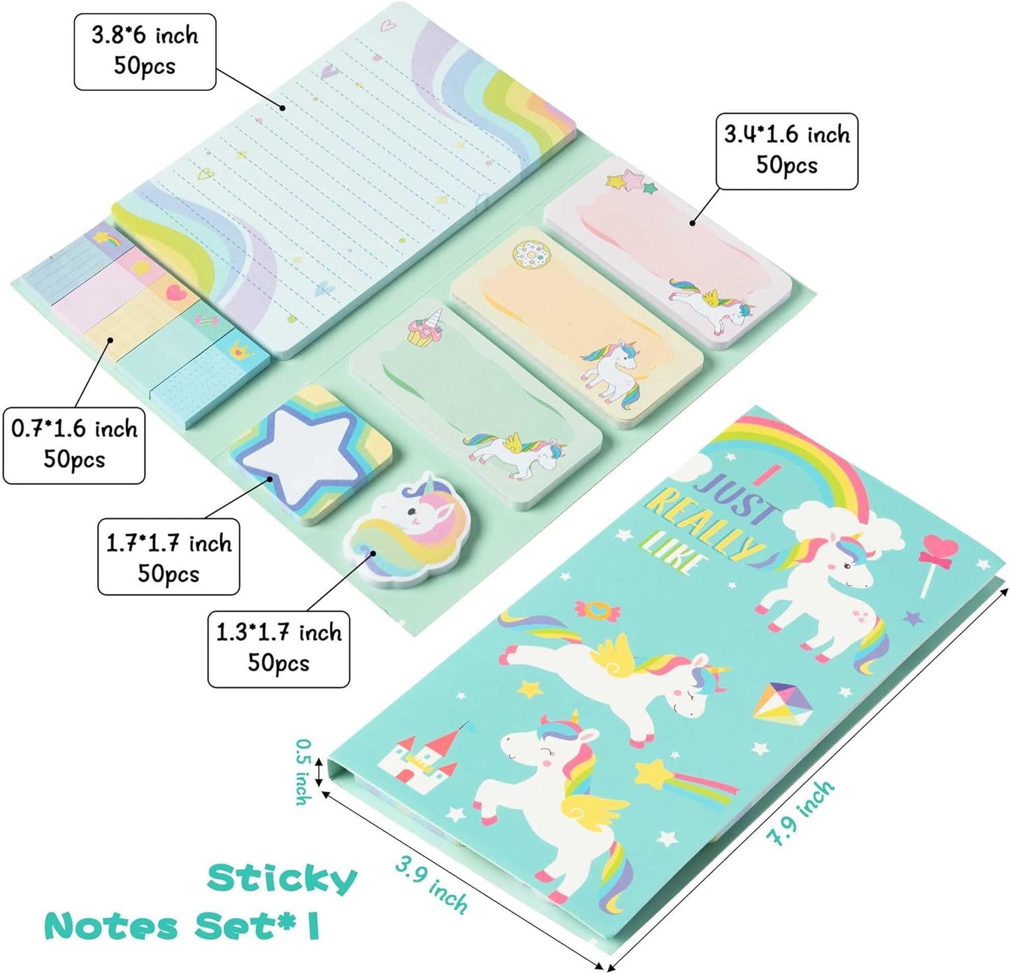 Xqumoi I Just Really Like Magic Horse Sticky Notes Set, 550 Sheets, Cute Magic Horse Self-Stick Notes Pads Animal Divider Tabs Bundle Writing Memo Pads Back to School Office Supplies Small Gift