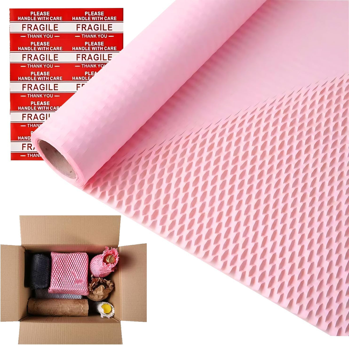 Honeycomb Packing Paper, 12" x 100' Packing Paper Substitute Alternative for Bubble Cushioning Wrap for Moving Shipping Packaging Mailing, Recyclable Moving Supplies Bubble Packing Wrap Roll-Pink