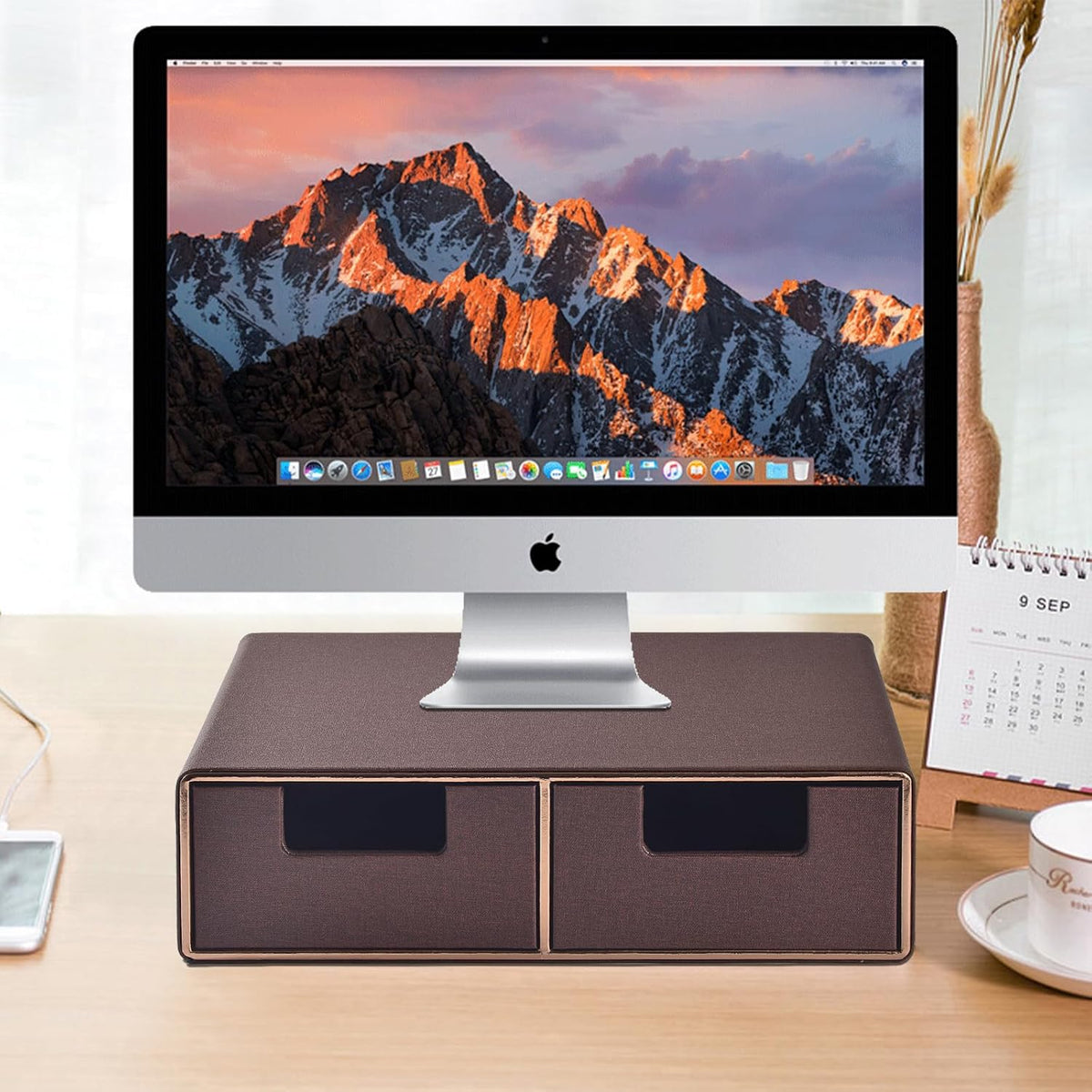 Linen Leather Desk Organizer and monitor stand with Drawers－Mini Desktop Drawer Organizer Stackable－Tabletop Organization Storage Box for Office Supplies Home Vanity Toiletries (Brown, 2-drawers)
