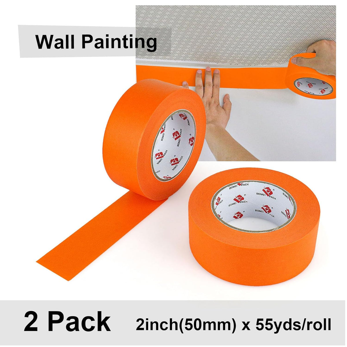 BOMEI PACK Painters Tape 2 inch, 2 Pack Paint Orange Masking Tape 2 inch x 55 Yards for Walls Painting, Labeling, DIY Crafting, Decoration and School Projects