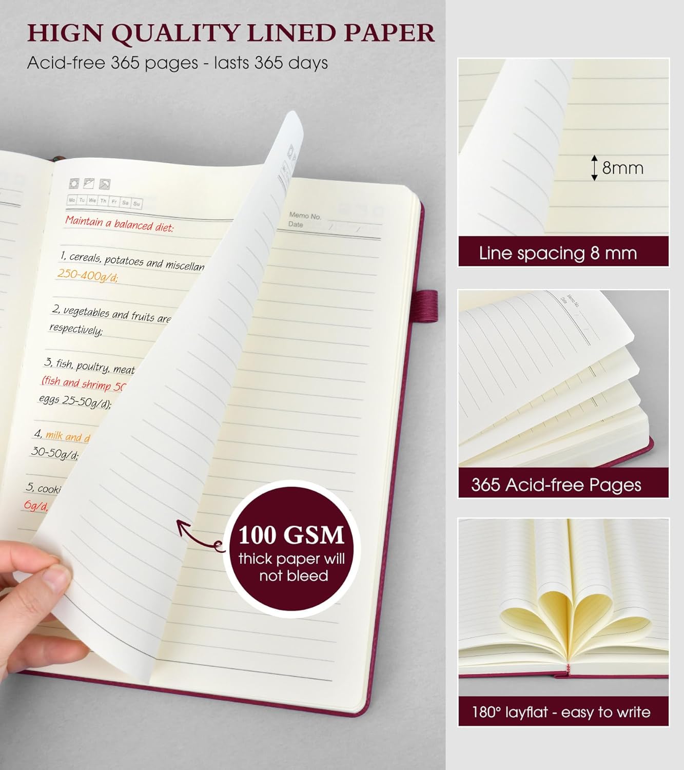 A5 Lined Journal Notebook - 365 Page Leather Journals for Writing Women & Men，Hardcover Notebook with 100Gsm Thick Pages，Daily Diary for Travel, Work，School，Note Taking，College Ruled (5.9" x 8.5")