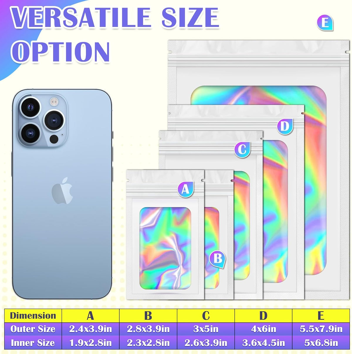 300 Pcs Mylar Bags, Smell Proof Bags Foil Pouch, Holographic Resealable Bags for Small Business, Candy Sample Jewelry Bag Sealable Packaging for Party Favor Food Storage (5.5x7.9in-White)