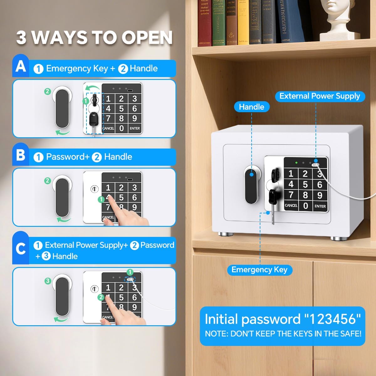 Small Home Safe, 6.7”D x 9”W x 6.7”H, Electronic Keypad Lock Security Box for Cash, Jewelry, Passport, Hidden Safe for Closet, College Dorm Room, White