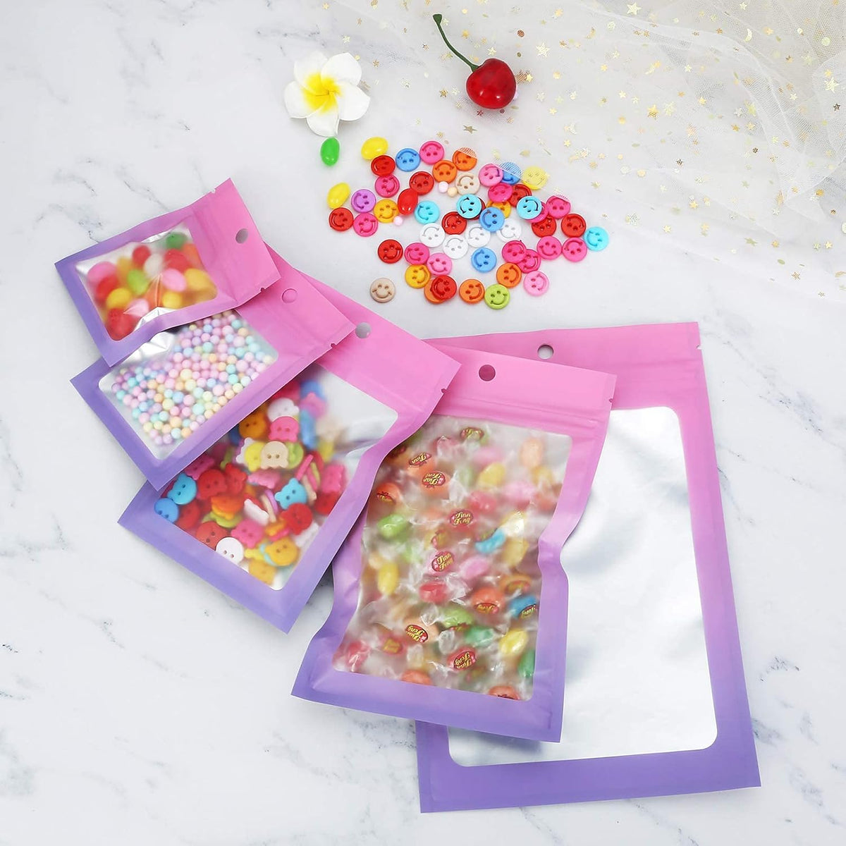 100 Pcs Resealable Mylar Bags, Gradient Color Food Storage Bags, Zip Bag Foil Bags Packaging Pouch for Food Storage, Sample, Small Business (Pink Purple, 4.7 X 7.1 Inch)