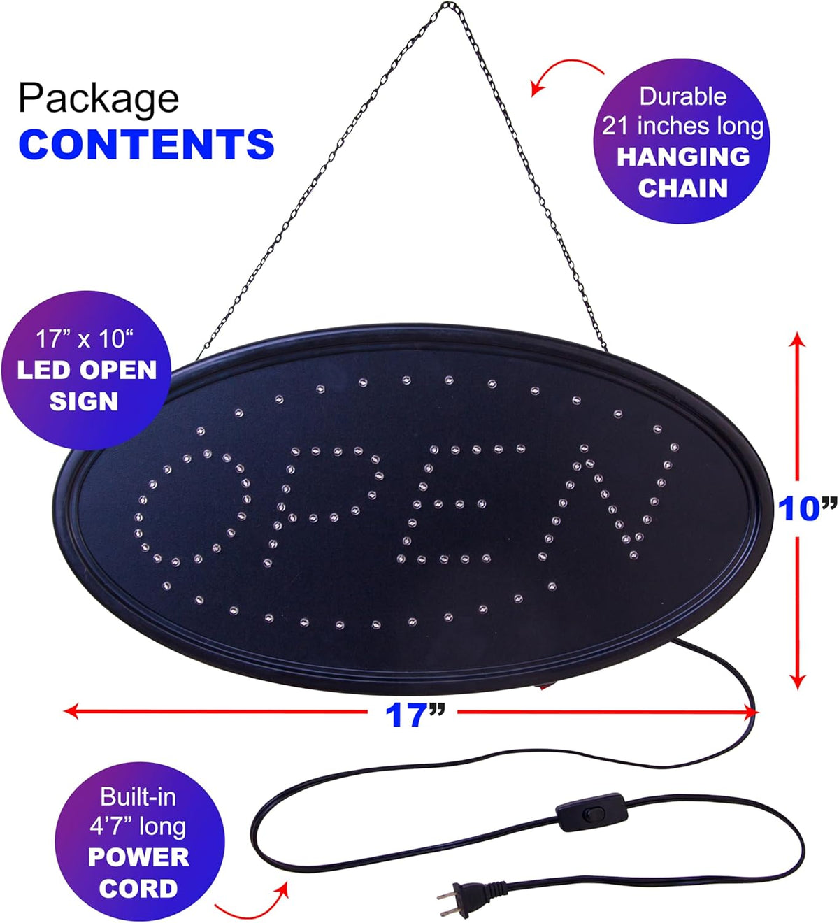 Neon Open Sign for Business: Oval LED Sign with Flashing Mode for Stores - Includes Business Hours and Open & Closed Signs