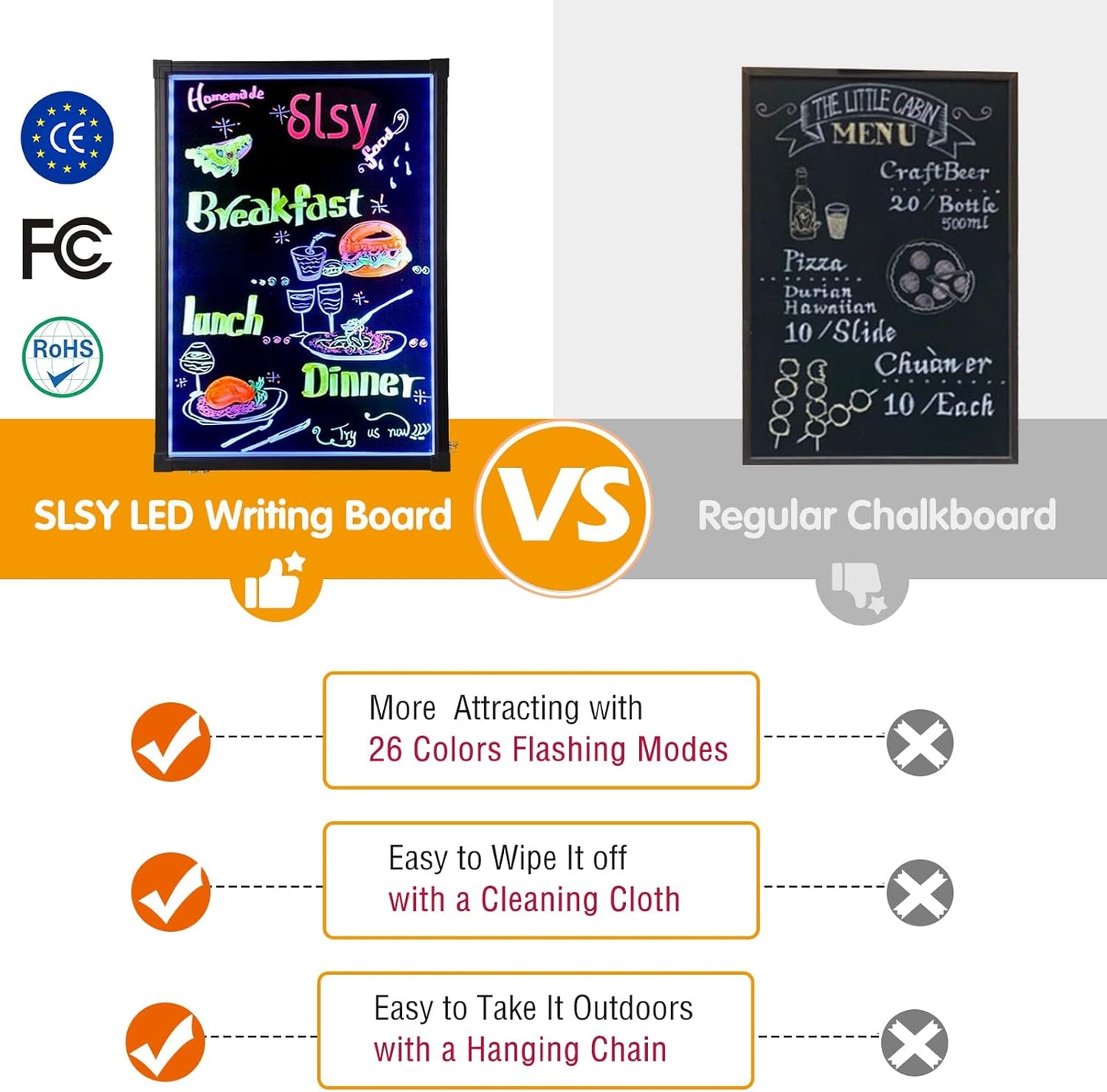 Slsy LED Writing Board 24"x16", Illuminated Erasable Neon Message Sign with 8 Fluorescent Markers & 26 Flashing Modes, Light Up Menu Board for Restaurant, Bar, Cafe, Shop