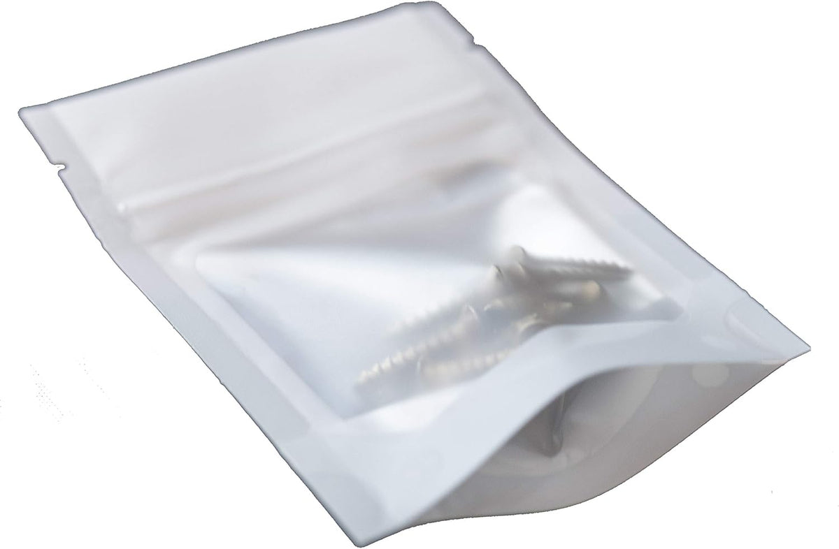 HANSER | Smell Proof Odorless Mylar Resealable Foil Pouch Bags with clear Window | Stand up bottom | Airtight | matte white | 100 Pieces | 3x4 inches