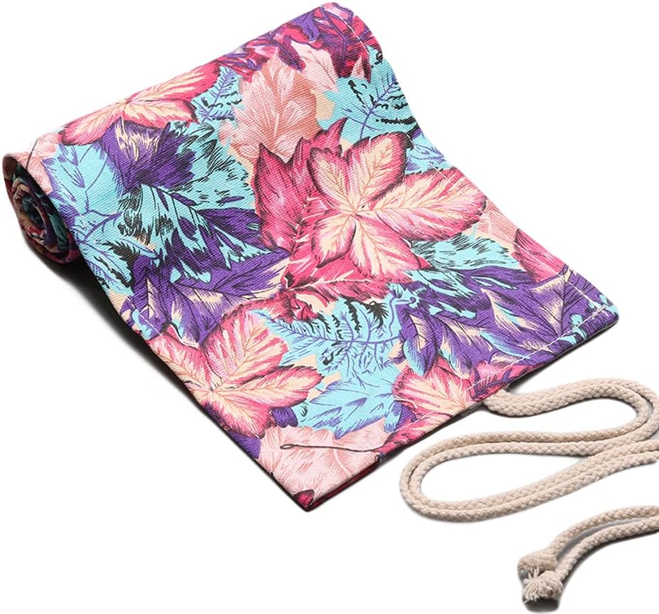 DIYOMR 24/36/72 Slots Pencil Wrap Pencil Rolls, Artist Colored Pencils Roll Up Bag Short Brushes Pouch Case Pencils Organizer for Drawing Coloring and Sketching (Maple Leaves, 24slots)