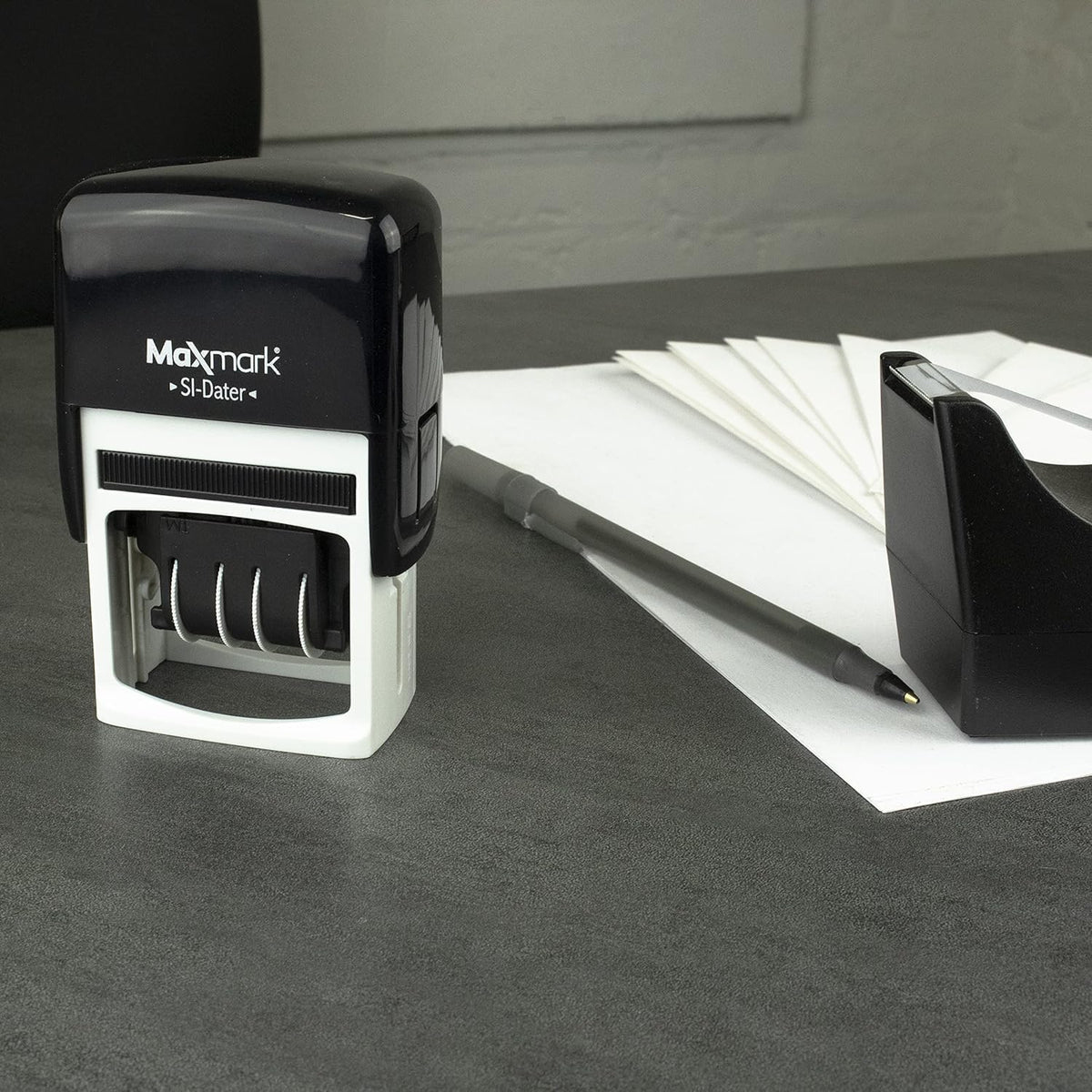 MaxMark Office Date Self Inking Stamp with Your Custom Text - 1" x 1-5/8” - 2-Color Blue/Red Ink