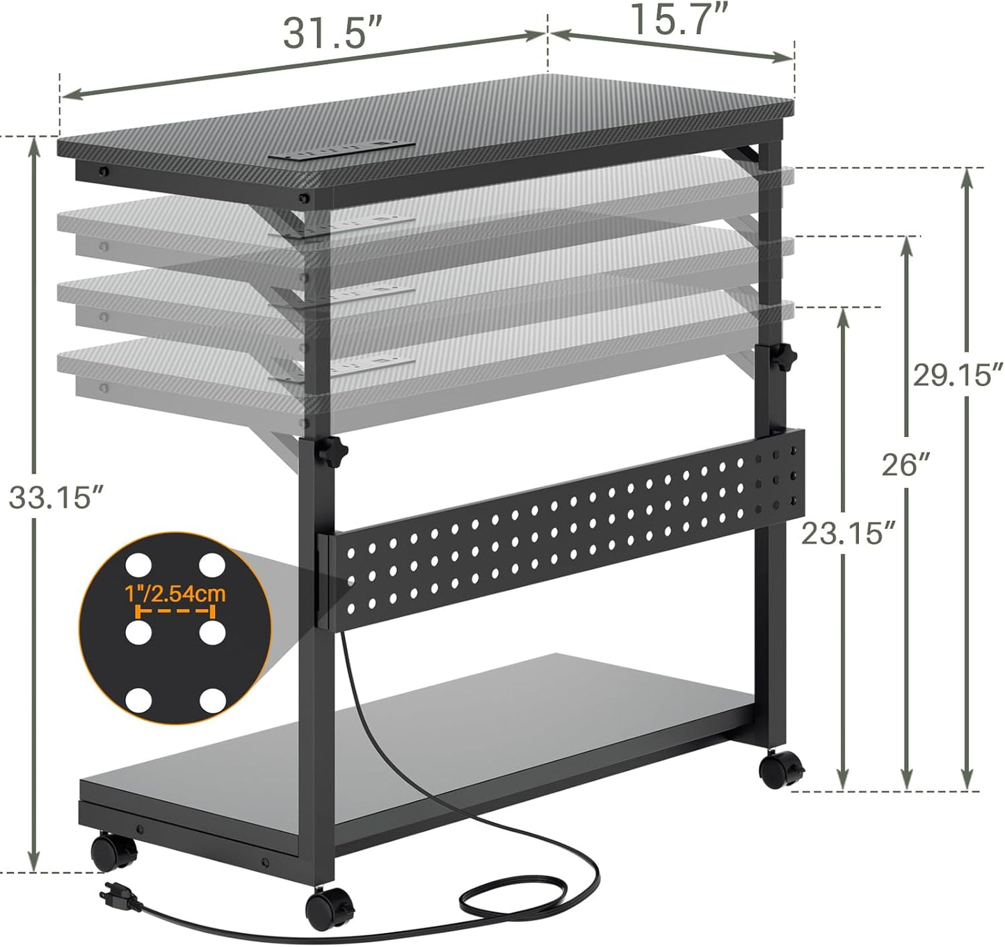 32" Large Computer Tower Stand with Power Strips, 4 Levels Manual Height Adjustable PC Tower Stand for Under Desk, Mobile Rolling CPU Holder Computer Cart with Wheels, Carbon Fiber Black