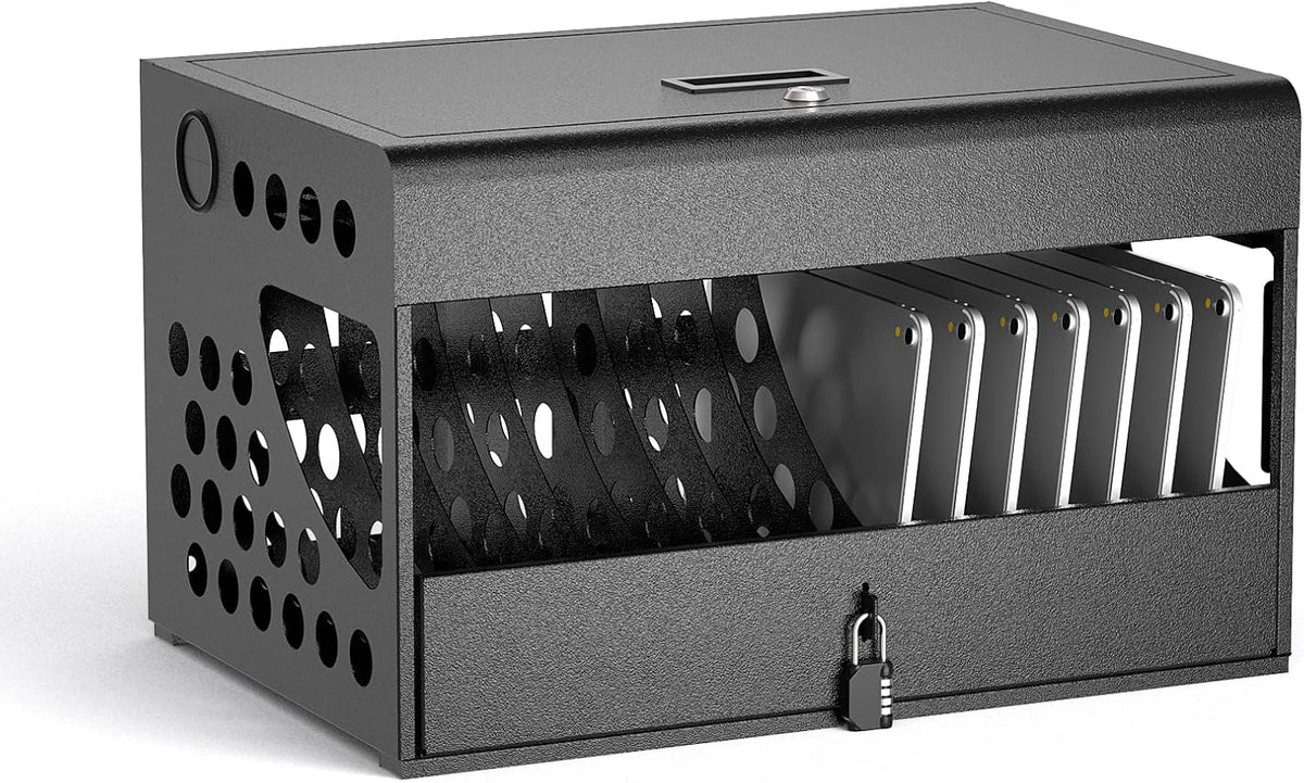 16-Device Charging Station for Chromebooks - Locking Charging Cabinet with Cable Management, Charger Storage, and Lock Included - Fits 14'' Screensize and 1.2'' Thick Tablets (Black)